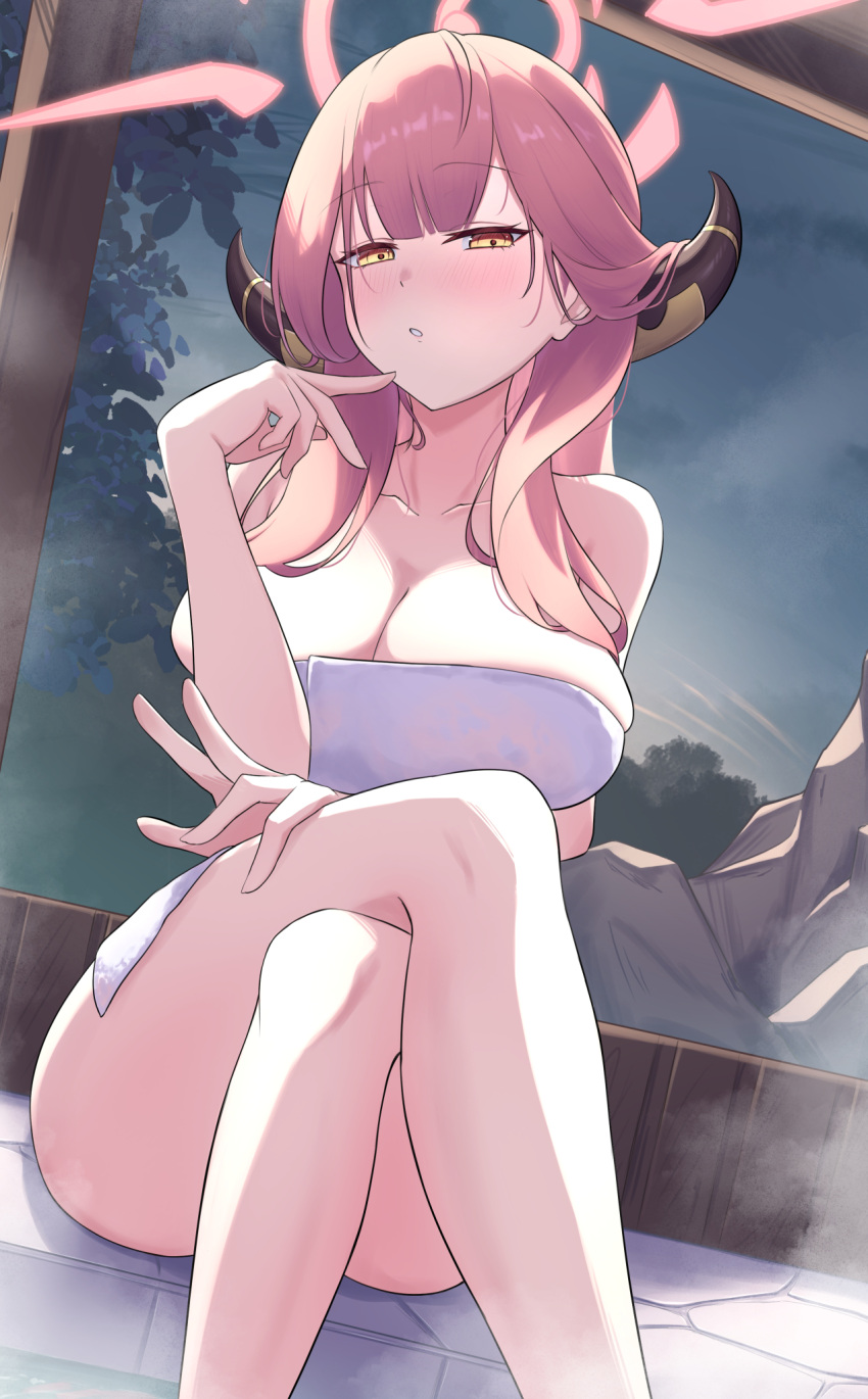 1girl aru_(blue_archive) ass blue_archive blush breasts brown_horns cleavage cocoablue23 collarbone crossed_legs demon_horns halo highres horns large_breasts long_hair looking_at_viewer naked_towel outdoors parted_lips pink_hair pink_halo sitting solo towel white_towel yellow_eyes