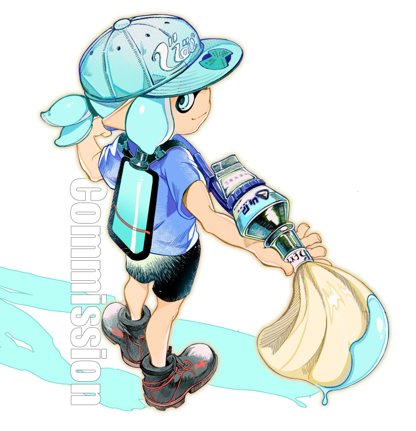 1girl absurdres baseball_cap black_footwear black_shirt blue_eyes blue_headwear blue_shirt closed_mouth commentary from_above hat heatinsulator highres holding holding_weapon ink_tank_(splatoon) inkbrush_(splatoon) inkling inkling_girl paint pointy_ears print_headwear shadow shirt shoes short_hair simple_background smile splatoon_(series) splatoon_3 symbol-only_commentary tentacle_hair watermark weapon white_background