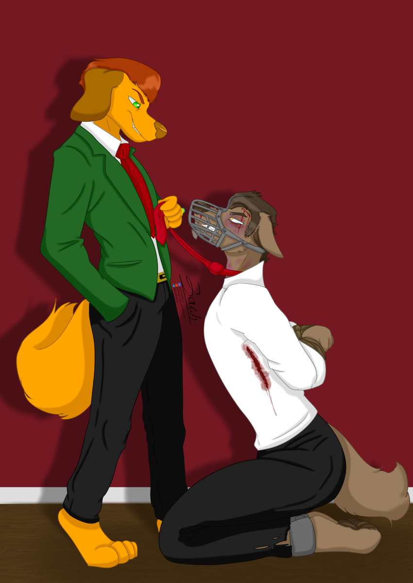 2024 absurd_res age_difference aged_up alien angry ankle_cuffs anthro aviarian_wolf blood bodily_fluids bound brandon_(zer0rebel4) brown_body brown_fur brown_hair brown_markings bruised bruised_eye bruised_face canid canine clothing clothing_pull cuff_(restraint) discord_(app) dominant dominant_male dress_shirt duo father_(lore) father_and_child_(lore) father_and_son_(lore) floppy_ears fur green_eyes grin hair hands_behind_back hi_res jacob_(zer0rebel4) kneeling looking_down looking_up male male/male maleherm_(lore) mammal markings marsupial mature_male muzzle_(object) muzzled necktie necktie_pull nosebleed older_male orange_body orange_fur parent_(lore) parent_and_child_(lore) parent_and_son_(lore) patreon pawpads paws red_hair restraints revenge shirt slicked_back_hair smile son_(lore) stab_wound standing submissive submissive_male suit telegram text topwear url wounded wrists_tied yellow_eyes younger_male zer0rebel4