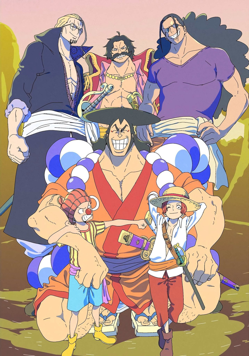 6+boys abs arms_behind_head black_hair buggy_the_clown eyeliner facial_hair gol_d._roger grin happy highres japanese_clothes kimono kouzuki_oden makeup male_focus manly mature_male multiple_boys muscular official_art one_eye_closed one_piece orange_shirt pirate red_eyeliner samurai sandals scopper_gaban shanks_(one_piece) shirt sideburns silvers_rayleigh smile sword teeth weapon