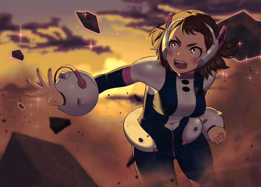 1girl battle blue_bodysuit blurry blurry_background bodysuit boku_no_hero_academia brown_eyes brown_hair clenched_hand cloud covered_navel debris dust evening multicolored_bodysuit multicolored_clothes open_mouth outdoors pimm_(chiramegd) pink_bodysuit solo sun sunset uraraka_ochako