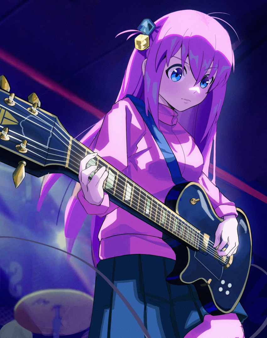 1girl black_skirt blue_eyes bocchi_the_rock! commentary cowboy_shot cube_hair_ornament cymbals electric_guitar english_commentary gibson_les_paul gotoh_hitori guitar hair_between_eyes hair_ornament highres holding holding_instrument indoors instrument jacket long_hair long_sleeves looking_down music one_side_up parted_lips pink_hair pink_jacket pink_track_suit playing_instrument pleated_skirt senj skirt solo stage track_jacket