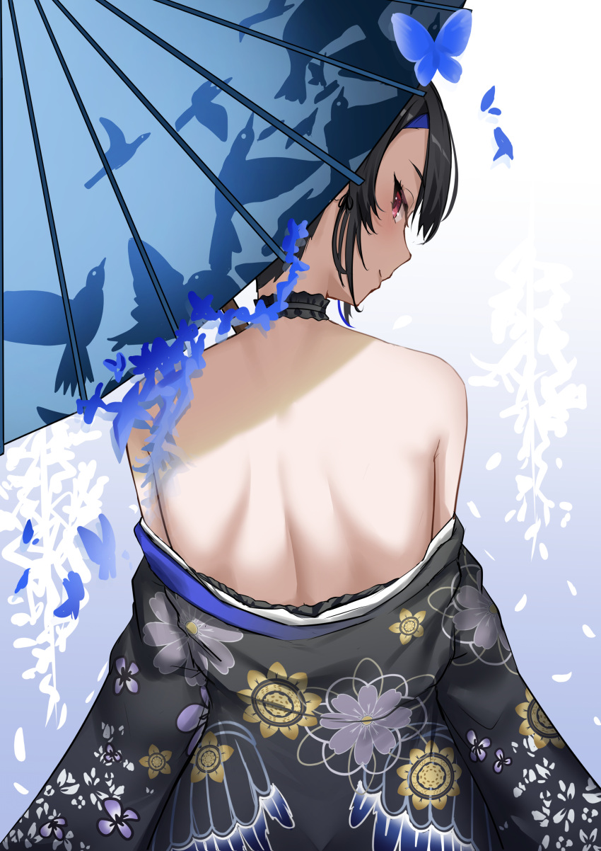 1girl absurdres back bare_shoulders black_hair black_kimono blue_hair blush choker closed_mouth colored_inner_hair floral_print_kimono frilled_choker frills from_behind highres hololive hololive_english japanese_clothes kimono long_hair looking_back multicolored_hair nerissa_ravencroft nerissa_ravencroft_(new_year) official_alternate_costume rebelium red_eyes smile two-tone_hair virtual_youtuber