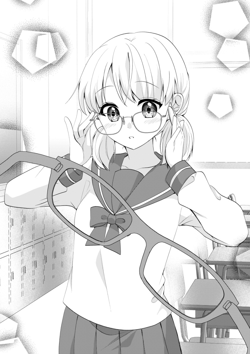 1girl adjusting_eyewear bow classroom commentary_request cowboy_shot desk expressionless glasses greyscale highres inari_misaki indoors locker long_sleeves looking_at_viewer looking_over_eyewear low_twintails medium_hair monochrome original pentagon_(shape) pleated_skirt pov rectangular_eyewear sailor_collar school_desk school_uniform serafuku skirt solo twintails window