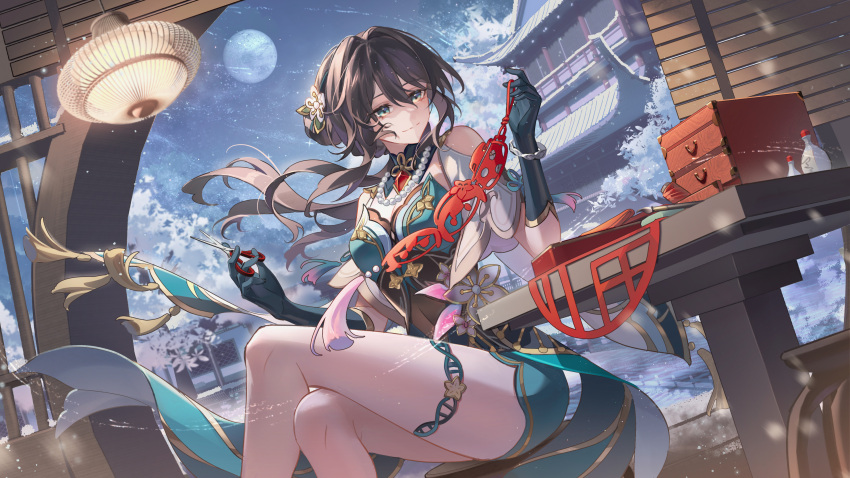 1girl absurdres breasts brown_hair chinese_paper-cut cleavage closed_mouth crossed_legs full_moon green_eyes herta_(honkai:_star_rail) highres holding holding_scissors honkai:_star_rail honkai_(series) jewelry kongzao moon necklace night night_sky pearl_necklace ruan_mei_(honkai:_star_rail) scissors screwllum_(honkai:_star_rail) sitting sky smile solo spool tassel thighlet