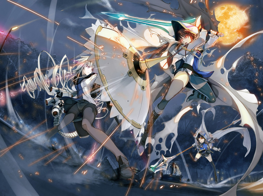 action annihilate_luxifer battle black_legwear boots braid brown_hair cape drill_hair glasses highres image_sample ky long_hair md5_mismatch moon multiple_girls pantyhose park pixiv_sample purple_eyes red_eyes shield silver_hair sparks staff sword thighhighs torn_clothes twin_braids very_long_hair weapon