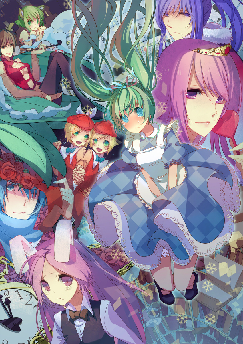 6+girls :&lt; alice_(wonderland) alice_(wonderland)_(cosplay) alice_in_wonderland animal_ears bad_id bad_pixiv_id book bow bowtie bunny_ears card cat_ears cheshire_cat cheshire_cat_(cosplay) clock cosplay crown dress floating_card green_hair gumi hat hatsune_miku highres kagamine_len kagamine_rin kaito kamui_gakupo long_hair mad_hatter mad_hatter_(cosplay) megurine_luka meiko multiple_boys multiple_girls nicohi pipe queen_of_hearts queen_of_hearts_(cosplay) sf-a2_miki tears thighhighs tweedledee tweedledee_(cosplay) tweedledum tweedledum_(cosplay) twintails very_long_hair vocaloid white_rabbit white_rabbit_(cosplay)