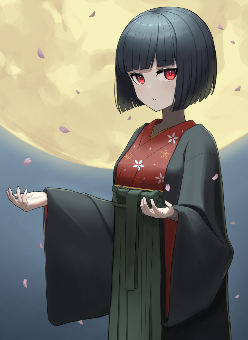 1girl absurdres black_hair blunt_bangs bob_cut floral_print full_moon green_hakama hakama hakama_skirt highres japanese_clothes kawara_pigeon kimono long_sleeves looking_at_viewer moon night night_sky open_clothes original outdoors parted_lips petals print_kimono red_eyes red_kimono short_hair skirt sky solo wide_sleeves