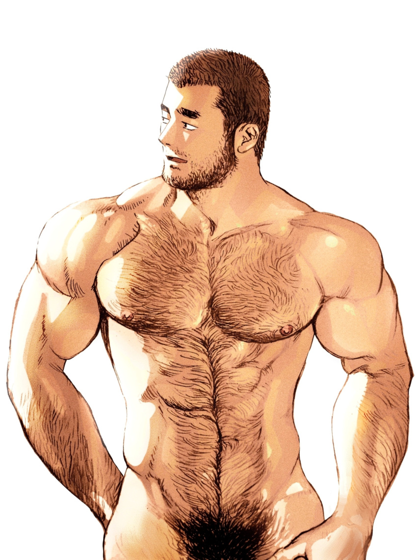 1boy abs absurdres arm_hair bara beard_stubble black_hair bota86mochi buzz_cut chest_hair highres large_pectorals looking_to_the_side male_focus male_pubic_hair muscular muscular_male mustache_stubble navel navel_hair nipples nude original pectorals pubic_hair short_hair simple_background solo thick_arm_hair thick_chest_hair thick_eyebrows upper_body very_short_hair white_background