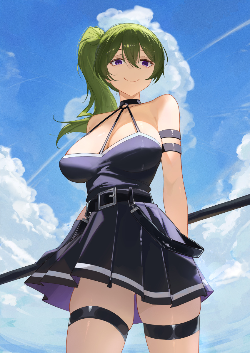 1girl absurdres arm_strap bare_shoulders belt belt_buckle blue_dress breasts buckle choker cleavage cloud cloudy_sky cropped_legs dress green_hair highres holding holding_weapon large_breasts long_hair looking_at_viewer outdoors pleated_skirt purple_eyes serelith side_ponytail skindentation skirt sky smile solo sousou_no_frieren thighs ubel_(sousou_no_frieren) weapon