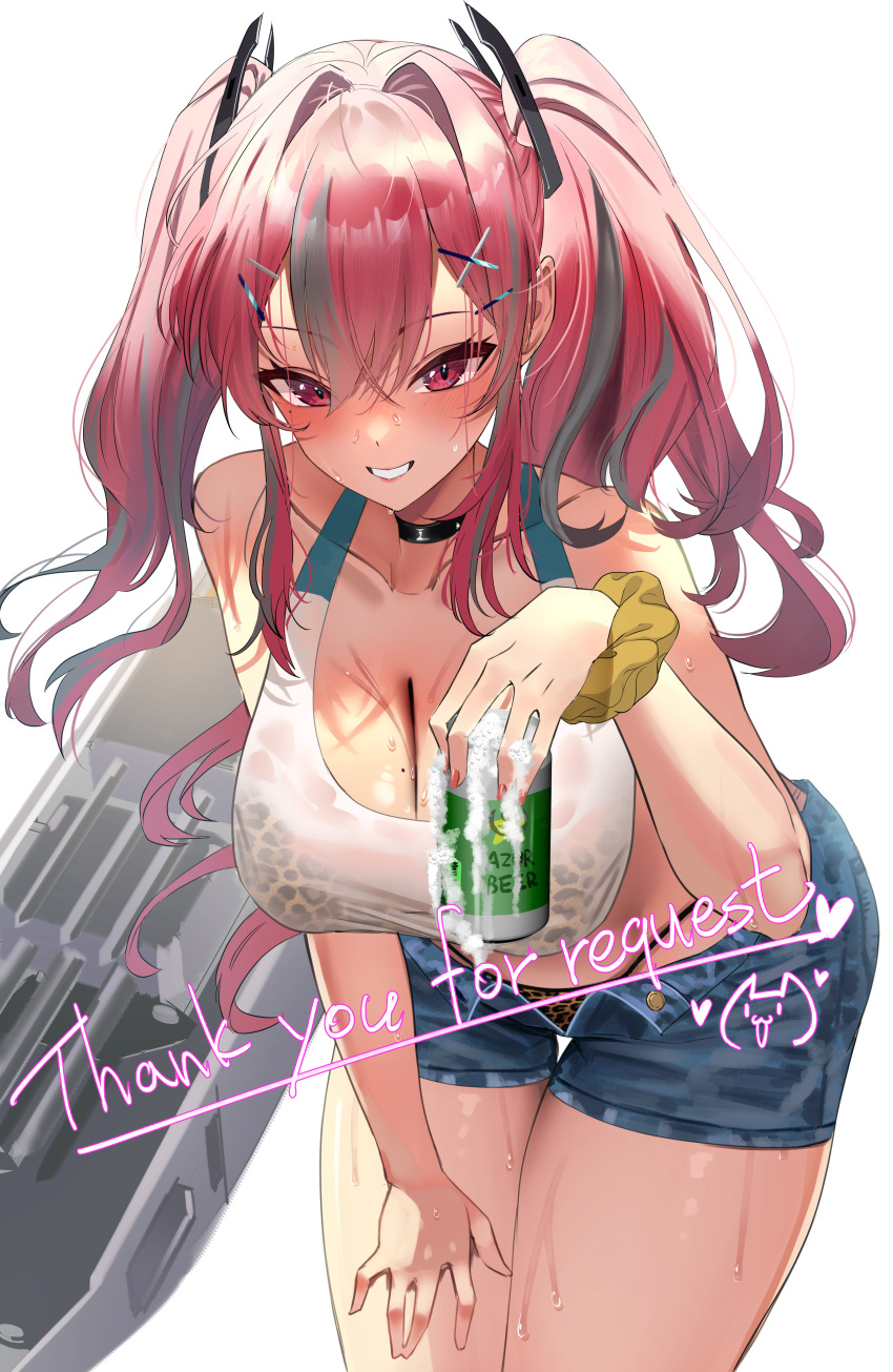 1girl absurdres azur_lane blue_shorts blush breasts bremerton_(azur_lane) can cleavage collarbone commentary english_commentary english_text grin hair_between_eyes hair_intakes hair_ornament highres holding holding_can huge_breasts looking_at_viewer multicolored_hair panty_straps red_eyes red_hair rossy_(yowayowachimpo) shorts simple_background smile solo tank_top teeth thighs twintails two-tone_hair white_background white_tank_top