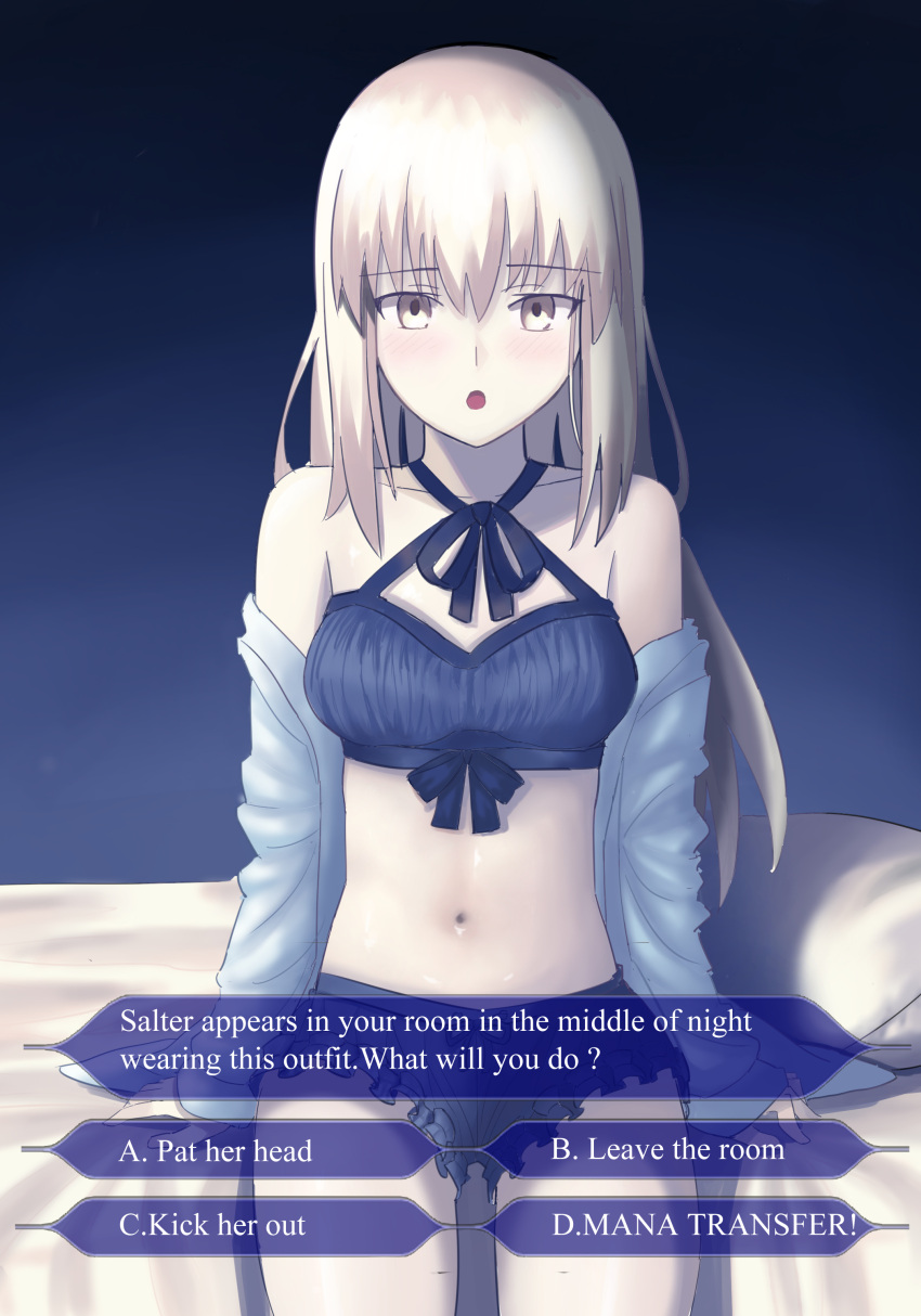 1girl :o absurdres alternate_costume artoria_pendragon_(fate) bare_shoulders blonde_hair blush breasts choice collarbone dialogue_options english_text fate/grand_order fate_(series) hair_between_eyes highres indoors lingerie long_hair longdq3008 looking_at_viewer medium_breasts navel off_shoulder on_bed pale_skin pillow saber_alter sitting solo stomach underwear yellow_eyes