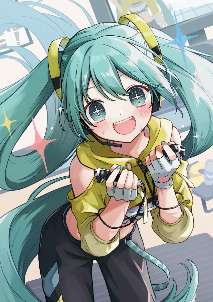 +_+ 1girl :d absurdres aqua_eyes aqua_hair aqua_nails bent_over black_pants blush clothing_cutout commentary cropped_jacket feet_out_of_frame fingerless_gloves fitness_boxing floating_hair gloves hair_ornament handheld_game_console hatsune_miku headphones headset highres hood hooded_jacket indoors jacket keyboard_(computer) lanyard long_hair looking_at_viewer midriff monitor nagitofuu nail_polish nintendo_switch official_alternate_costume open_mouth pants shoulder_cutout smile solo sparkling_aura standing sweat teeth track_pants twintails upper_teeth_only very_long_hair vocaloid white_gloves yellow_jacket