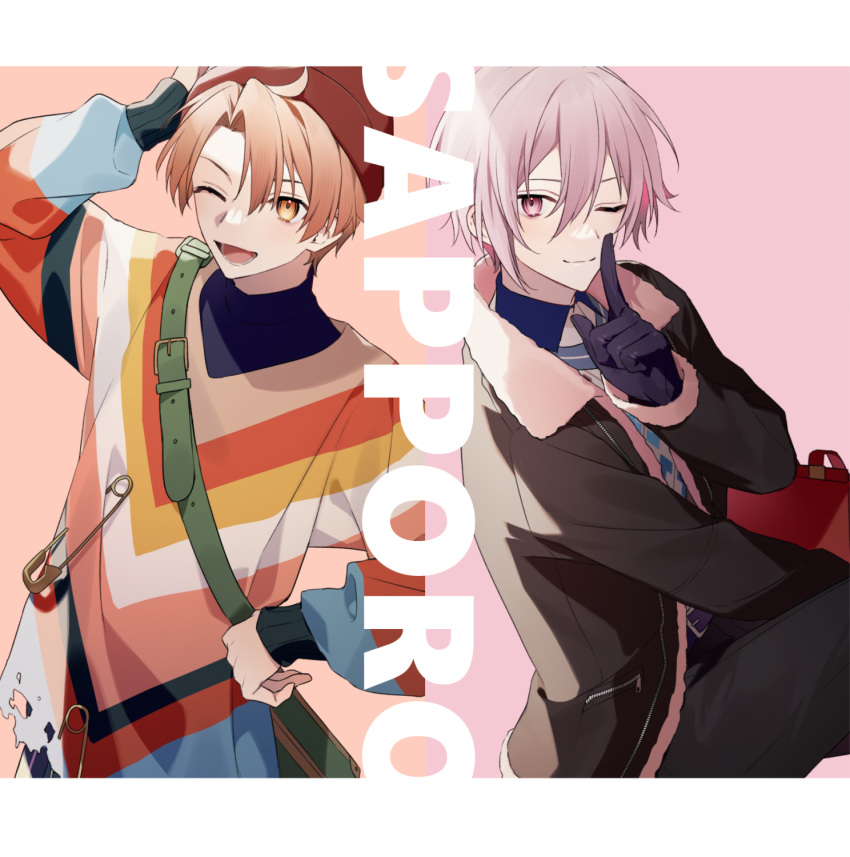 2boys aiue_o_eiua bag beanie black_gloves black_jacket black_pants black_shirt commentary_request finger_to_mouth fur-trimmed_jacket fur_trim gloves hat highres idolish7 izumi_mitsuki jacket kujou_tenn letterboxed looking_at_viewer male_focus multicolored_clothes multiple_boys one_eye_closed open_mouth orange_background orange_hair oversized_object pants pink_background pink_eyes pink_hair place_name red_bag red_headwear safety_pin shirt simple_background smile white_background