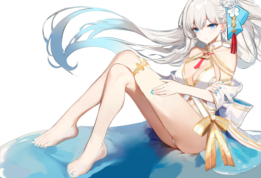1girl bare_shoulders barefoot bikini blue_eyes breasts cleavage closed_mouth detached_sleeves fate/grand_order fate_(series) flower fs_(sdamsd21321) gold_trim hair_flower hair_ornament highres large_breasts long_hair looking_at_viewer morgan_le_fay_(water_princess)_(fate) red_brooch red_tassel ribbon solo swimsuit thighlet white_bikini white_hair white_swimsuit