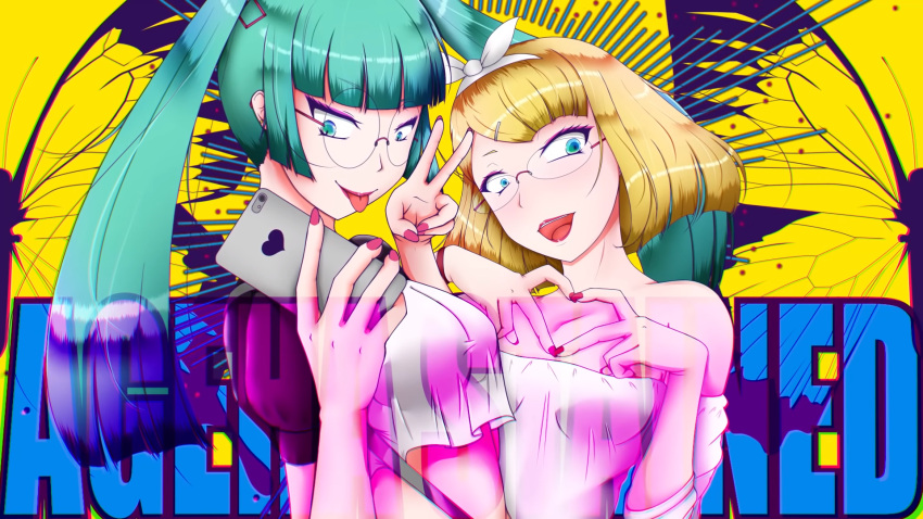 ageha_stained aqua_eyes aqua_hair blonde_hair breasts bug butterfly crop_top english_text eyeshadow finger_heart glasses hatsune_miku highres holding holding_phone kagamine_rin long_hair makeup masa_works_design mascara nail_polish non-web_source open_mouth phone posing short_hair short_sleeves teeth tongue tongue_out twintails very_long_hair vocaloid