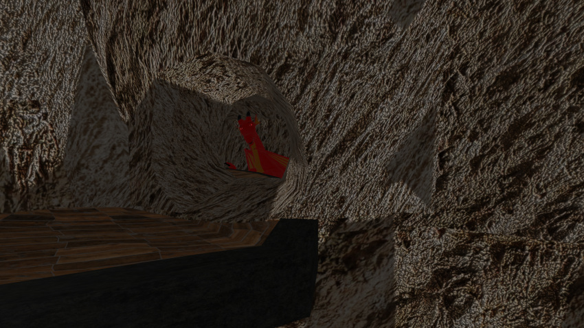 3d_(artwork) ambiguous_gender cave confusion digital_media_(artwork) dragon hi_res horn humor looking_outside membrane_(anatomy) membranous_wings pyrus red_body scalie shaded solo solo_focus wings