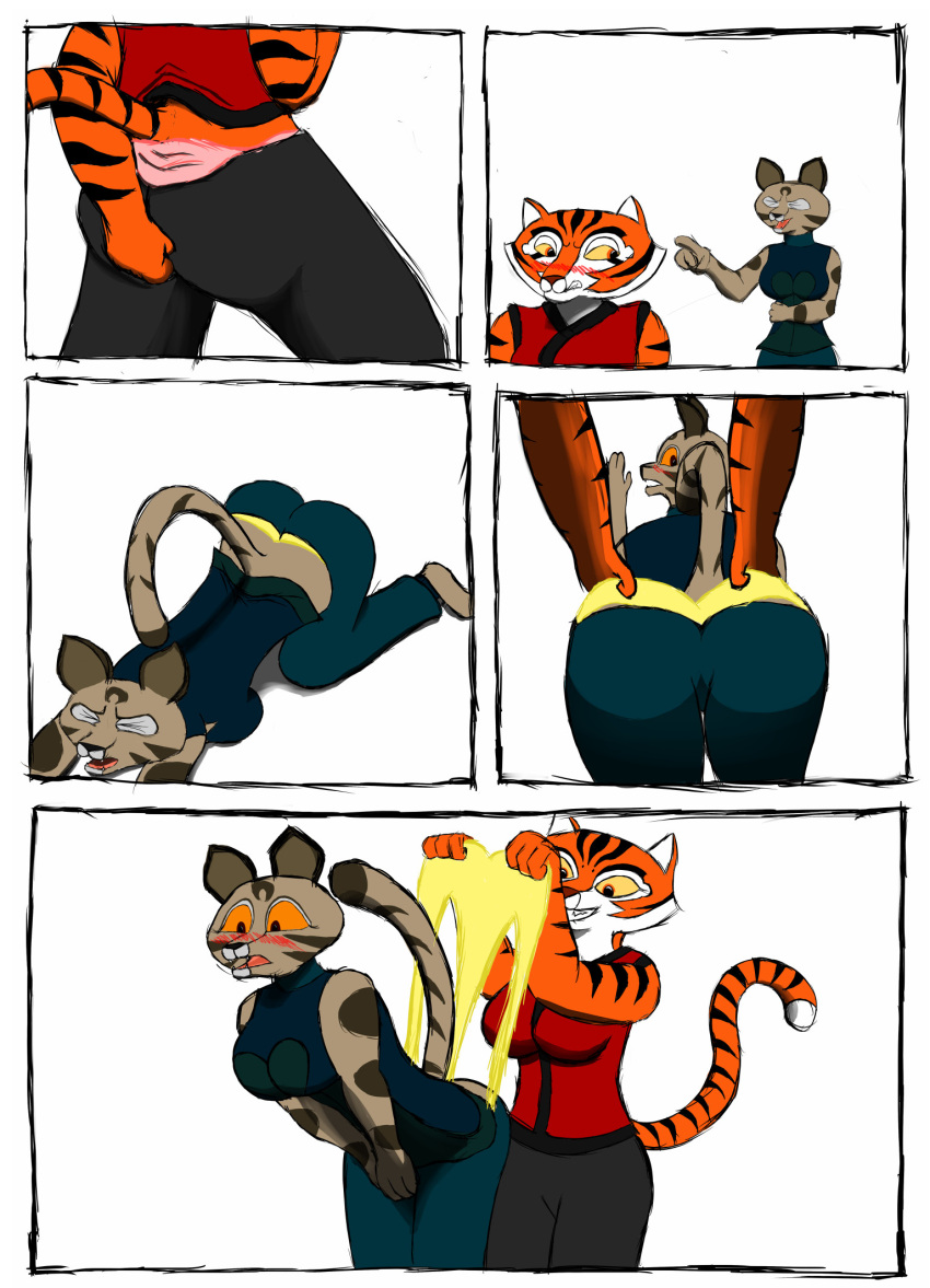 all_fours anthro asian_golden_cat blush butt catopuma clothing comic dreamworks duo embarrassed felid feline female fur hi_res kung_fu_panda mammal master_tigress orange_sclera pantherine panties red_eyes smile standing student_mei_ling the-killer-wc tiger underwear wedgie yellow_sclera