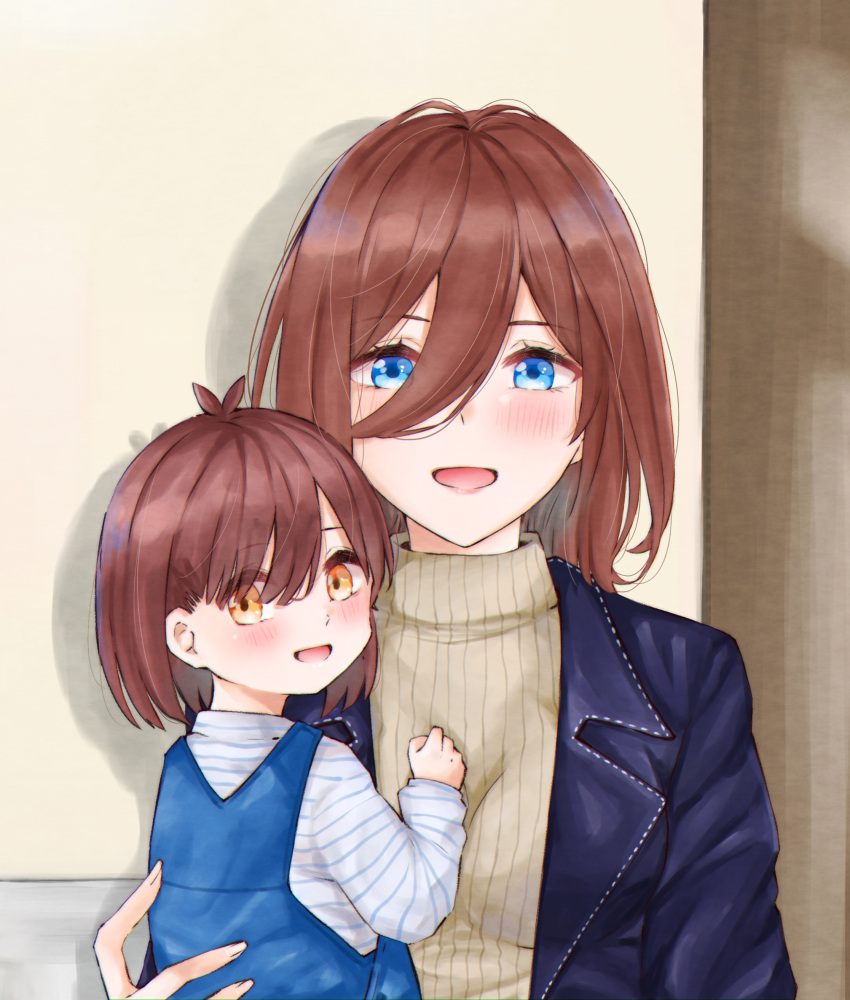 2girls absurdres aged_up baby blue_eyes blue_overalls blush brown_eyes brown_hair child go-toubun_no_hanayome hair_between_eyes highres if_they_mated jacket looking_at_viewer mother_and_daughter multiple_girls nakano_miku open_mouth overalls ribbed_sweater smile sweater tsubomi_hanami