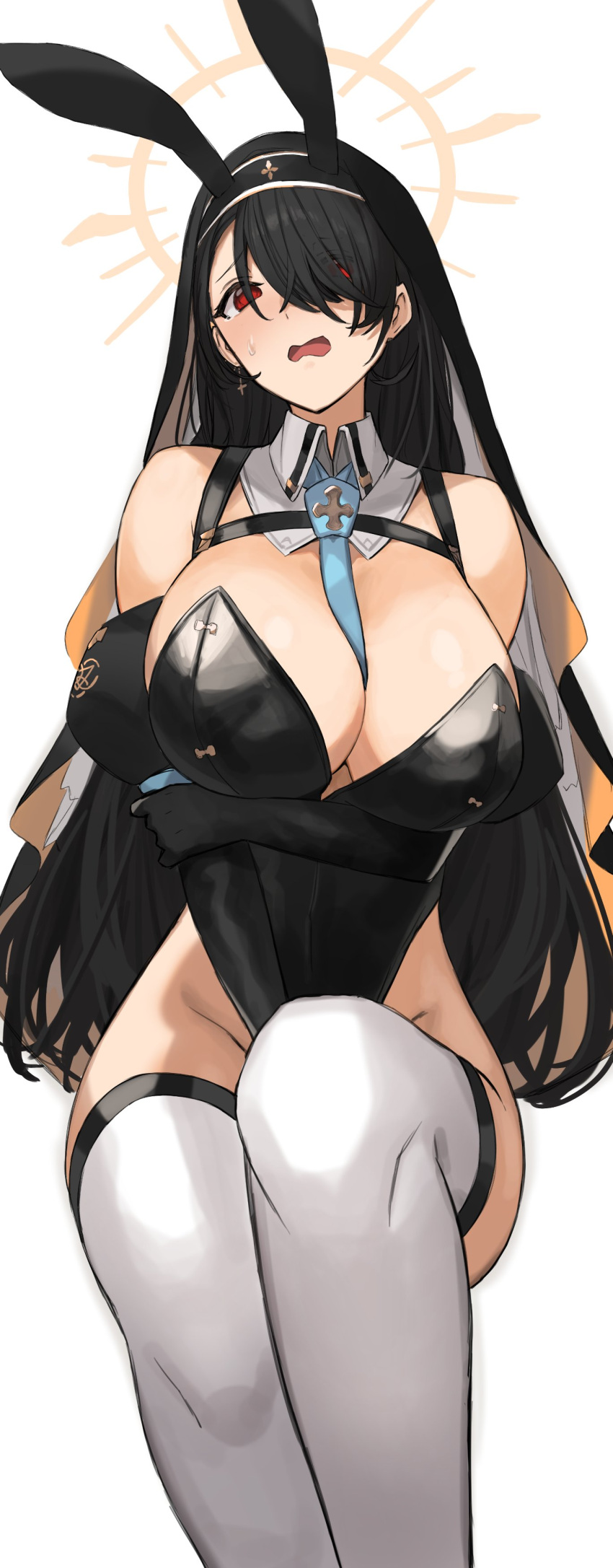 1girl absurdres animal_ears between_breasts black_leotard blue_archive breasts cross cross_earrings detached_collar earrings elbow_gloves ganesagi gloves hair_over_one_eye halo highres hinata_(blue_archive) jewelry large_breasts leotard long_hair necktie necktie_between_breasts playboy_bunny rabbit_ears sweatdrop thighhighs veil white_thighhighs