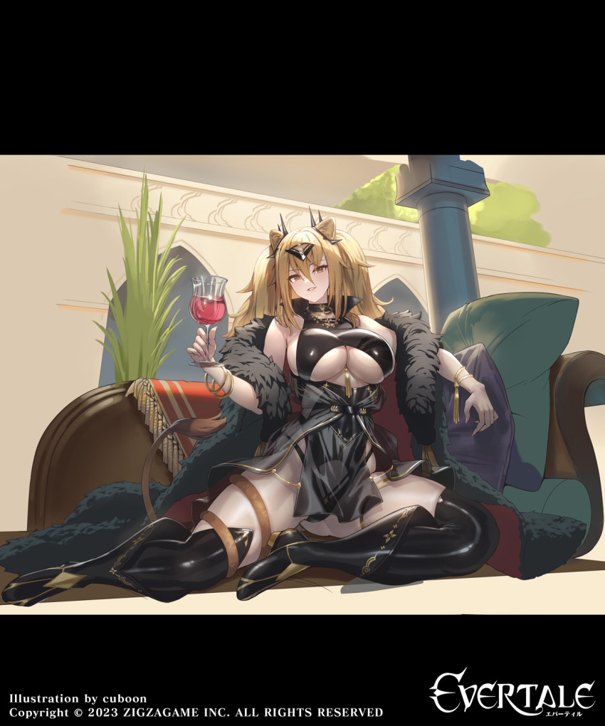 1girl alcohol animal_ears artist_name bare_shoulders black_leotard blonde_hair boots bracelet breasts coat commentary_request company_connection company_name copyright_name cuboon cup evertale full_body fur_trim gilgamesh_(evertale) highres holding jewelry large_breasts leotard lion_ears lion_tail lips logo long_hair looking_at_viewer off_shoulder official_art parted_lips pelvic_curtain pillow see-through shiny_clothes shiny_skin sitting smile tail tail_wrap thigh_boots thigh_strap thighs underboob weapon wine yellow_eyes