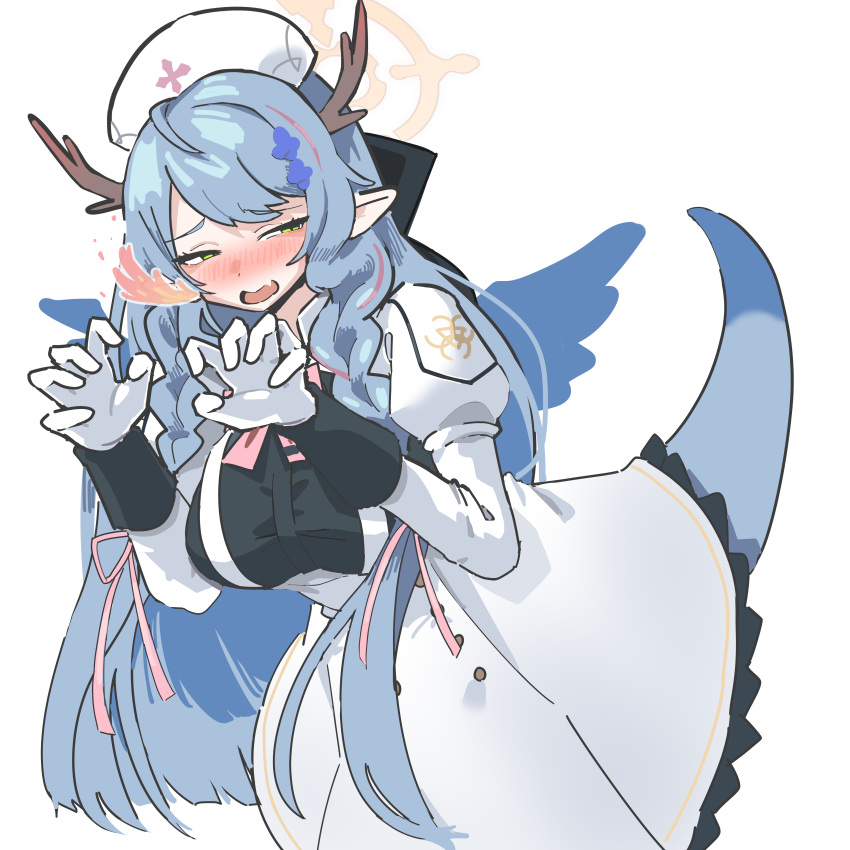 1girl absurdres blue_archive blue_hair blush braid breasts breathing_fire claw_pose dragon_horns dragon_tail dress fang fire gloves halo highres horns juliet_sleeves large_breasts long_hair long_sleeves mine_(blue_archive) pointy_ears puffy_sleeves tail twin_braids white_background white_dress white_gloves wings xvb259