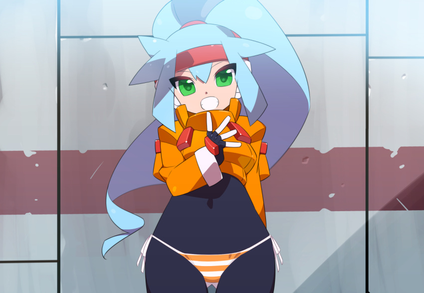 1girl ashe_(mega_man) bikini bikini_bottom_only black_bodysuit blue_hair bodysuit cropped_jacket green_eyes high_ponytail jacket kaidou_zx light_blue_hair long_hair looking_at_viewer mega_man_(series) mega_man_zx mega_man_zx_advent navel open_mouth orange_jacket robot_ears side-tie_bikini_bottom smile solo striped striped_bikini swimsuit