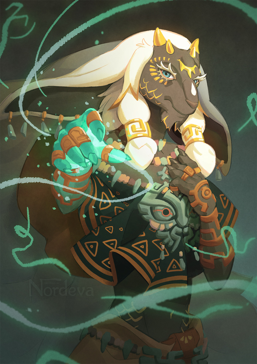 5_fingers anthro bioluminescence blue_eyes clothing ear_piercing fingers glowing hair hi_res horn looking_at_viewer male mammal nintendo nordeva piercing rauru_(tears_of_the_kingdom) signature solo tears_of_the_kingdom the_legend_of_zelda white_hair zonai