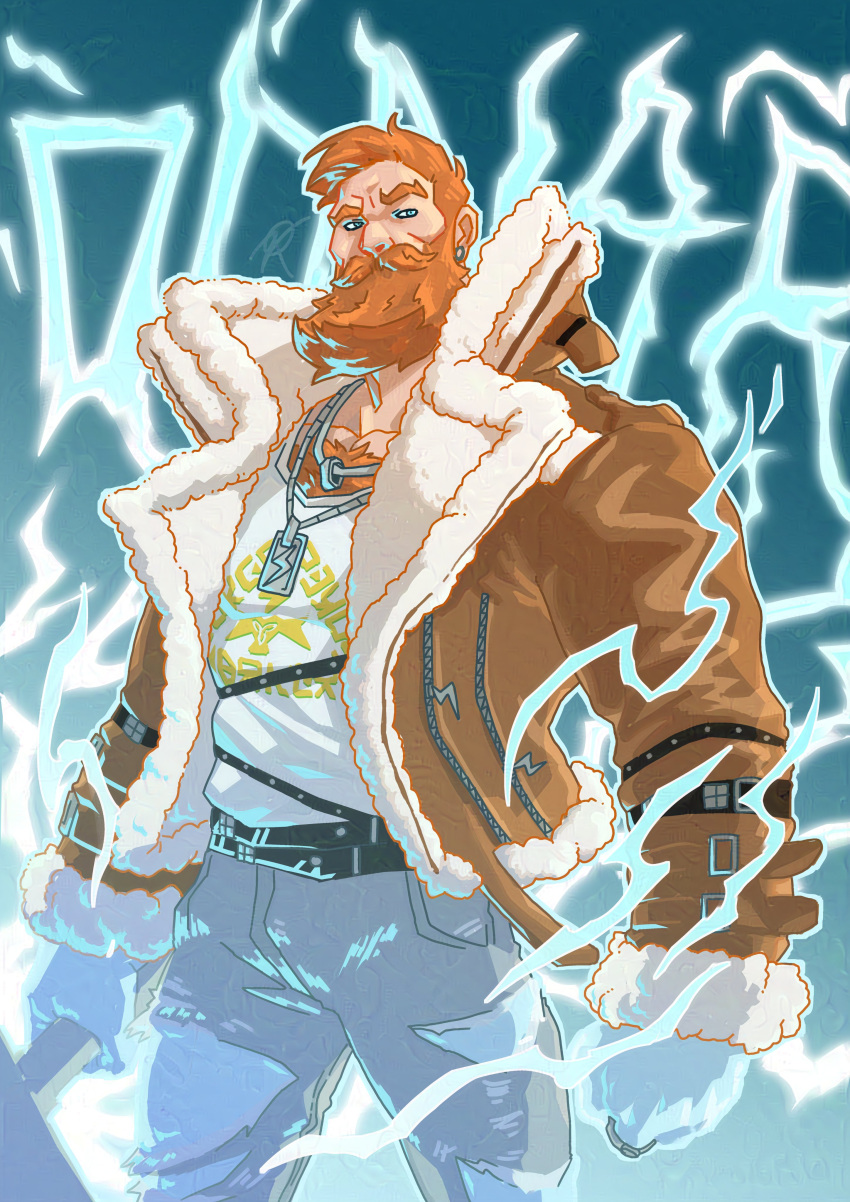 1boy absurdres bara beard beard_over_mouth character_request clenched_hands cowboy_shot denim dislyte dog_tags earrings electricity electrokinesis facial_hair fonzu_(callmefonzu) full_beard highres jacket jeans jewelry long_beard looking_at_viewer male_focus mature_male muscular muscular_male open_clothes open_jacket pants pectoral_cleavage pectorals short_hair solo thick_beard thick_chest_hair thick_eyebrows thick_mustache