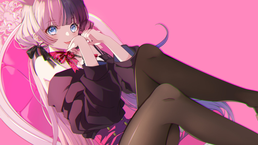 1girl animal_ears bare_shoulders black_bow black_footwear black_hair black_sweater black_thighhighs blue_eyes blunt_bangs bow bowtie chair dated fake_animal_ears flipped_hair full_body hair_bow heart heart_print high-waist_skirt iris_black_games long_hair looking_at_viewer multicolored_hair off-shoulder_sweater off_shoulder pink_background pink_bow pink_bowtie pink_hair pink_ribbon pink_skirt rabbit_ears ribbon seri_sketch shoes sidelocks simple_background sitting skirt solo split-color_hair sweater tachibana_hinano_(vtuber) thighhighs tongue tongue_out twintails virtual_youtuber vspo!