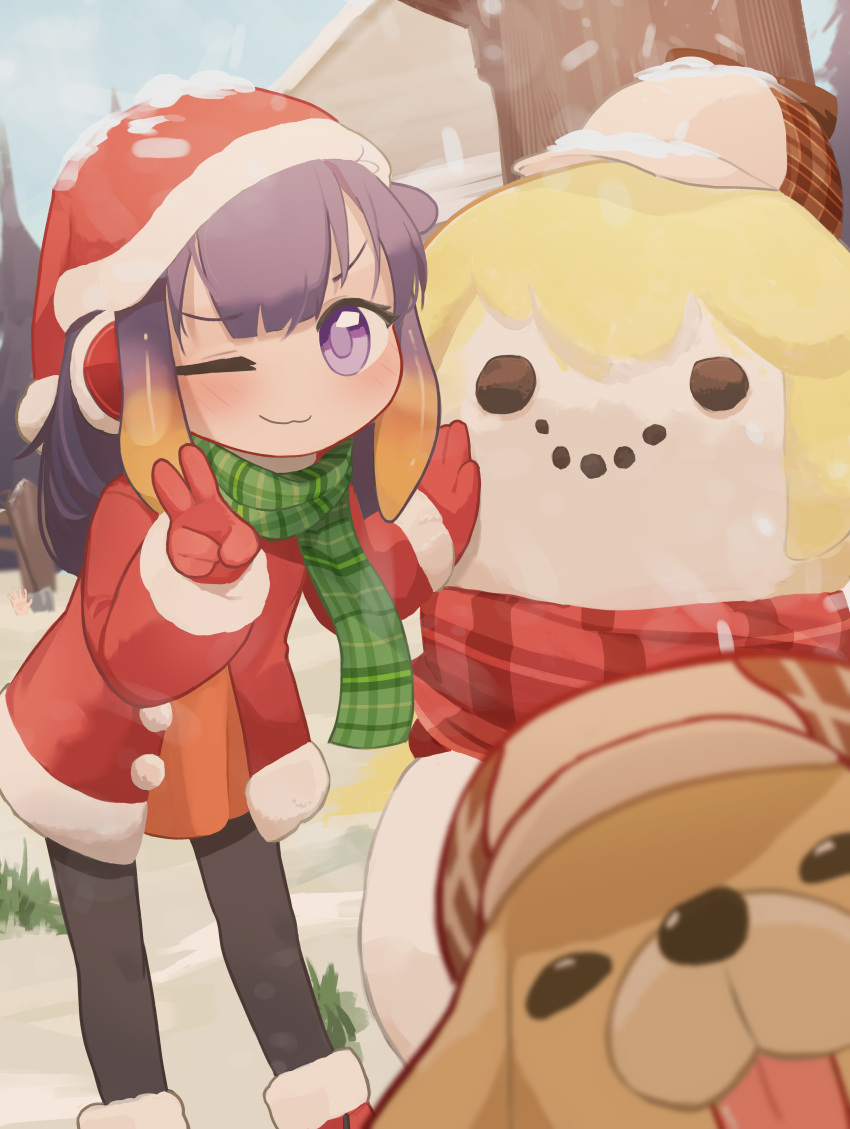 1girl :3 absurdres alternate_costume black_pants blunt_bangs blurry blurry_foreground bubba_(watson_amelia) character_snowman christmas coat commentary dog english_commentary fur-trimmed_coat fur-trimmed_headwear fur-trimmed_sleeves fur_trim gloves green_scarf hat highres hololive hololive_english leaning_forward looking_at_viewer nanachides ninomae_ina'nis orange_hair pants purple_eyes purple_hair red_coat red_gloves red_headwear red_scarf santa_hat scarf smol_ame snow snowman tentacle_hair v virtual_youtuber watson_amelia