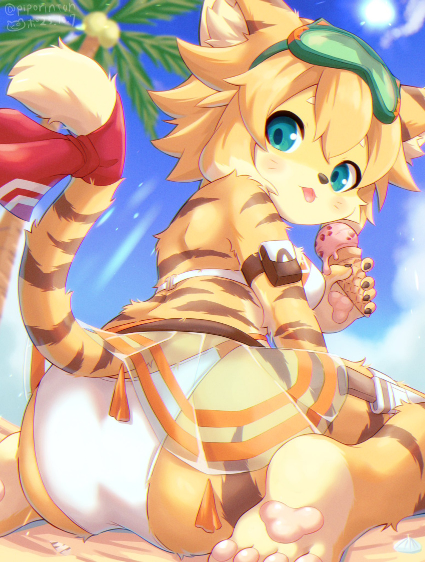 1girl animal_ear_fluff animal_ears arm_strap ass barefoot beach bikini bikini_skirt blonde_hair blue_eyes blue_sky blush body_fur bow chromatic_aberration dated day feet food furry furry_female goggles goggles_on_head highres ice_cream ice_cream_cone knife looking_at_viewer mia_(world_flipper) outdoors palm_tree pawpads piporinton red_bow see-through see-through_skirt sidelocks sitting skirt sky solo sun sunlight swimsuit tail tail_bow tail_ornament thigh_sheath tiger_ears tiger_girl tiger_tail toes tongue tongue_out tree twitter_username wariza white_bikini world_flipper