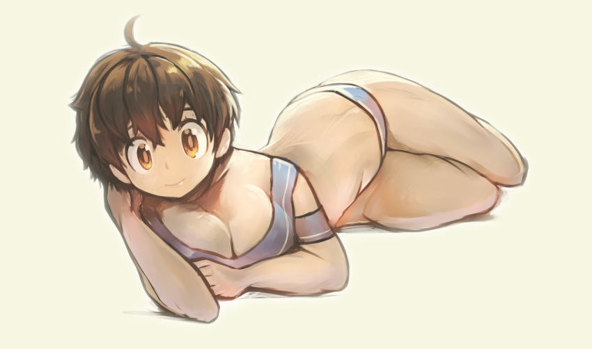 1girl absurdres ahoge alternate_costume breasts brown_eyes brown_hair commentary_request full_body highres kasugano_sakura looking_at_viewer lying medium_breasts midriff okera on_side short_hair smile solo street_fighter street_fighter_zero_(series) thighs underwear