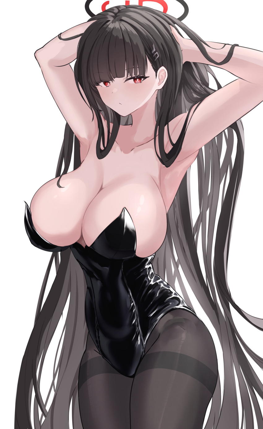 1girl absurdres armpits bad_anatomy black_hair black_leotard black_pantyhose blue_archive breasts closed_mouth cowboy_shot halo hands_in_hair highres large_breasts leotard long_hair looking_at_viewer pantyhose red_eyes rio_(blue_archive) simple_background solo strapless strapless_leotard white_background yoshi-j