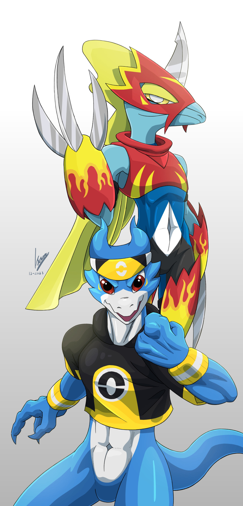abs absurd_res accessory alternate_costume anthro bandai_namco black_clothing blue_body blue_skin claws clothed clothing clothing_swap crop_top crossover dated digimon digimon_(species) digital_media_(artwork) duo flame_pattern flamedramon generation_8_pokemon gloves half_body handwear headband headgear headwear hi_res horn inteleon lizard looking_at_viewer male markings mask metrosaurus nintendo orange_clothing pokemon pokemon_(species) red_clothing red_eyes reptile scalie shirt signature simple_background smile tail topwear veemon white_markings wristband yellow_eyes yellow_markings