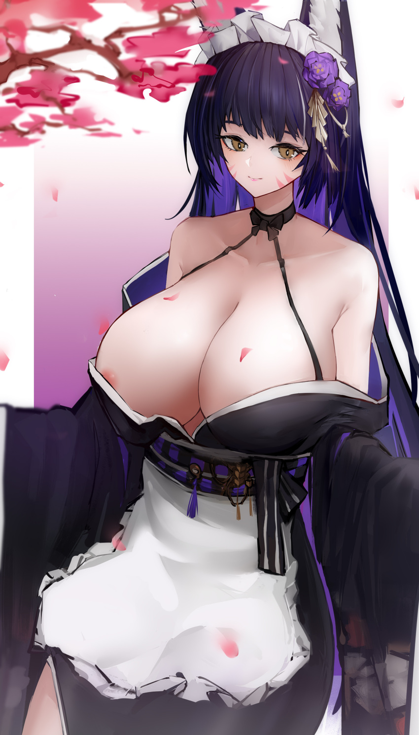 1girl absurdres animal_ear_fluff animal_ears apron areola_slip azur_lane black_kimono breasts cleavage collarbone e_baishui facial_mark flower fox_ears frilled_apron frilled_hairband frills hair_flower hair_ornament hairband highres huge_breasts japanese_clothes kimono long_hair long_sleeves looking_at_viewer maid_headdress musashi_(azur_lane) musashi_(violet_moonglow)_(azur_lane) official_alternate_costume purple_flower purple_hair solo very_long_hair whisker_markings wide_sleeves yellow_eyes