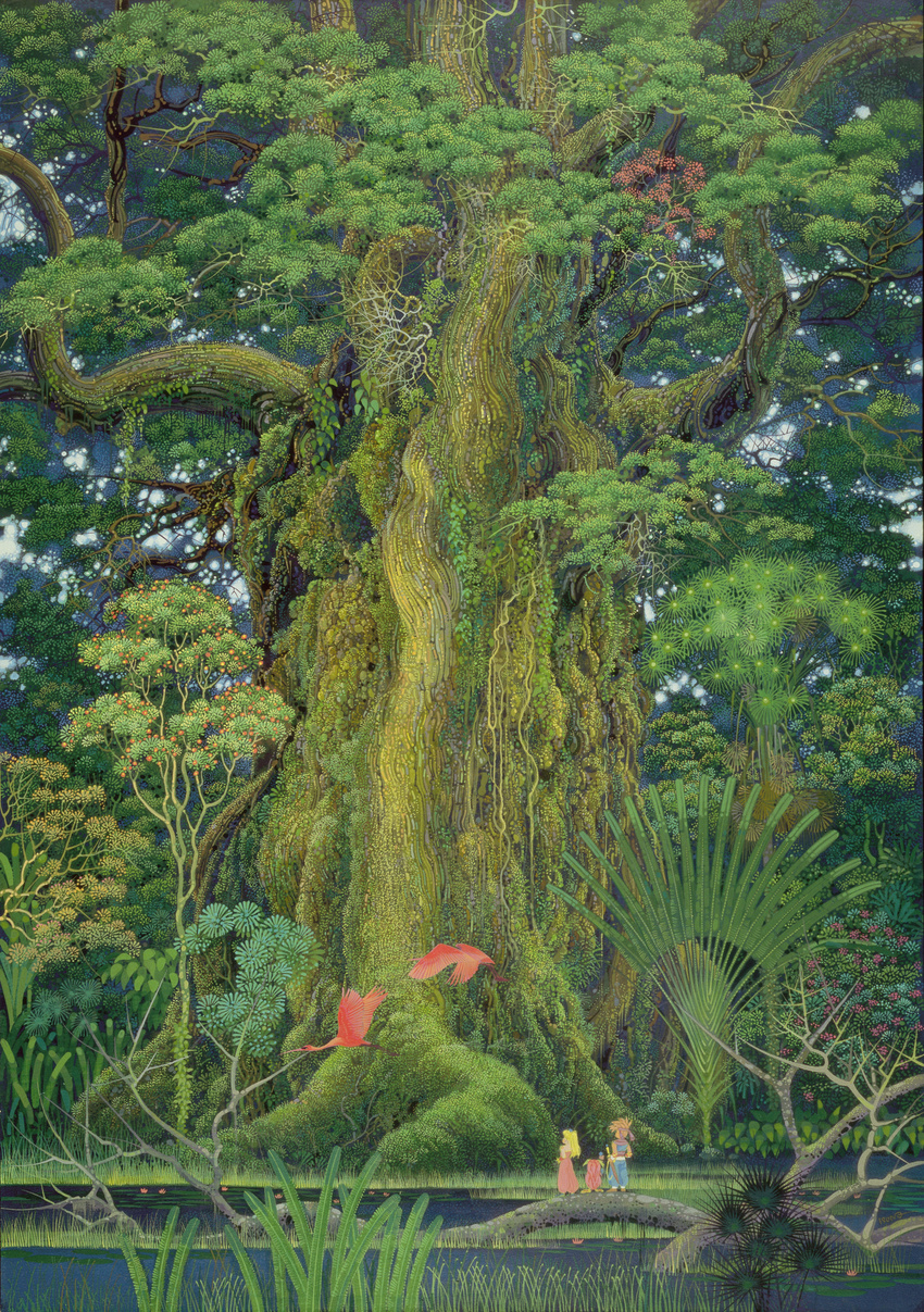 1girl 1other 90s androgynous bird blonde_hair brown_hair crane_(animal) forest giant_tree headband highres isono_hiroo lake mana_tree moss nature official_art oldschool outdoors plant popoi poster primm randi red_hair scan scenery seiken_densetsu seiken_densetsu_2 standing tree very_wide_shot water