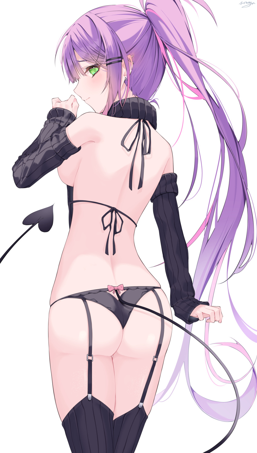 1girl absurdres ass back backless_dress backless_outfit black_garter_straps black_panties black_sleeves black_thighhighs breasts commentary_request demon_girl demon_tail detached_sleeves dress earrings from_behind garter_straps green_eyes hair_ornament hairclip highres hololive jewelry long_hair looking_at_viewer looking_back meme_attire multicolored_hair naked_sweater panties pink_hair purple_hair signature simple_background solo somnya sweater tail thighhighs tokoyami_towa turtleneck turtleneck_sweater underwear virgin_killer_sweater virtual_youtuber white_background