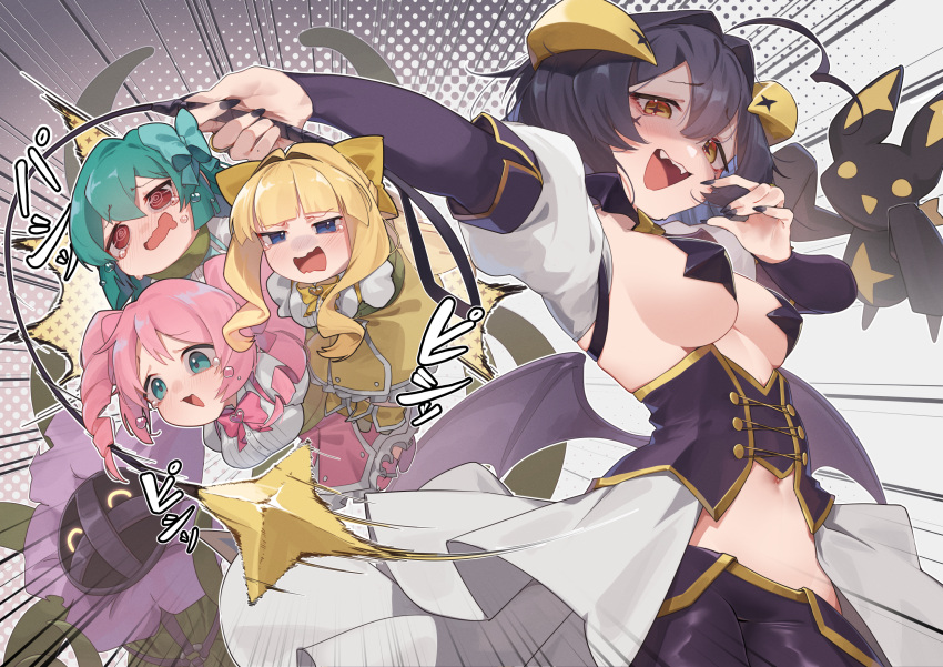 4girls @_@ ahoge black_nails blonde_hair blue_eyes bow bowtie breasts brown_eyes drill_hair fangs green_eyes green_hair hanabishi_haruka highres hiiragi_utena horns jknor low_wings magia_azul magia_baiser magia_magenta magia_sulphur magical_girl mahou_shoujo_ni_akogarete minakami_sayo multiple_girls navel open_mouth pasties pink_bow pink_bowtie pink_hair restrained tearing_up tenkawa_kaoruko twin_drills venalita whip wings yellow_bow yellow_bowtie