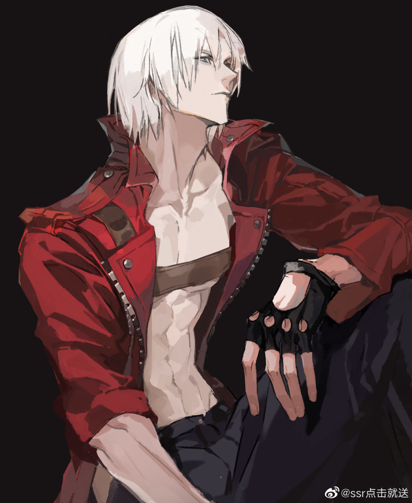 1boy belt_bra black_gloves blue_eyes coat dante_(devil_may_cry) devil_may_cry_(series) devil_may_cry_3 fingerless_gloves gloves highres male_focus red_coat simple_background solo weibo_5765457468 white_hair