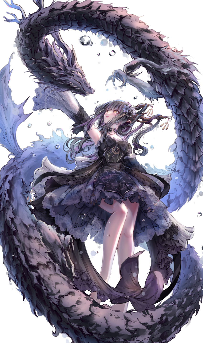 1girl :d antlers arm_up armpits black_dress black_hair brown_eyes chinese_zodiac commentary_request dragon dress frilled_dress frills highres looking_to_the_side looking_up missile228 original purple_hair simple_background smile solo strapless strapless_dress water_drop white_background year_of_the_dragon