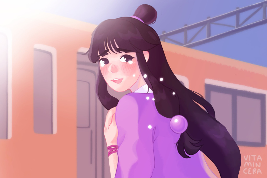 ace_attorney artist_name bad_id bad_twitter_id black_hair blunt_bangs commentary curtained_hair english_commentary highres jacket long_hair looking_at_viewer maya_fey outdoors purple_jacket scene_reference sky tears train upper_body vitamincera