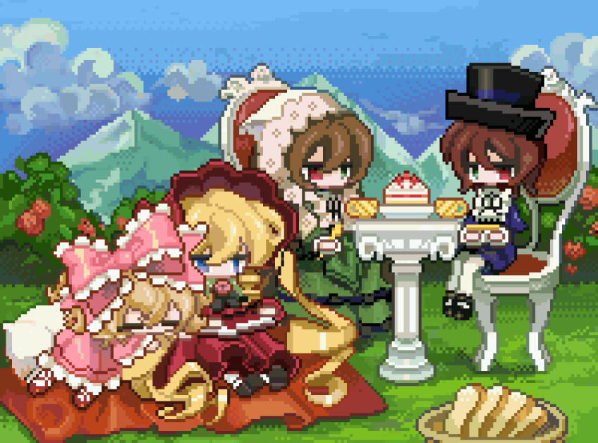 4girls animated animated_gif basket blue_sky bow bread brown_hair bush chair cloud dress food grass green_eyes hair_bow hat heterochromia highres meyou_0319 mountain multiple_girls outdoors picnic pink_bow pixel_art purple_eyes red_dress sitting sky top_hat