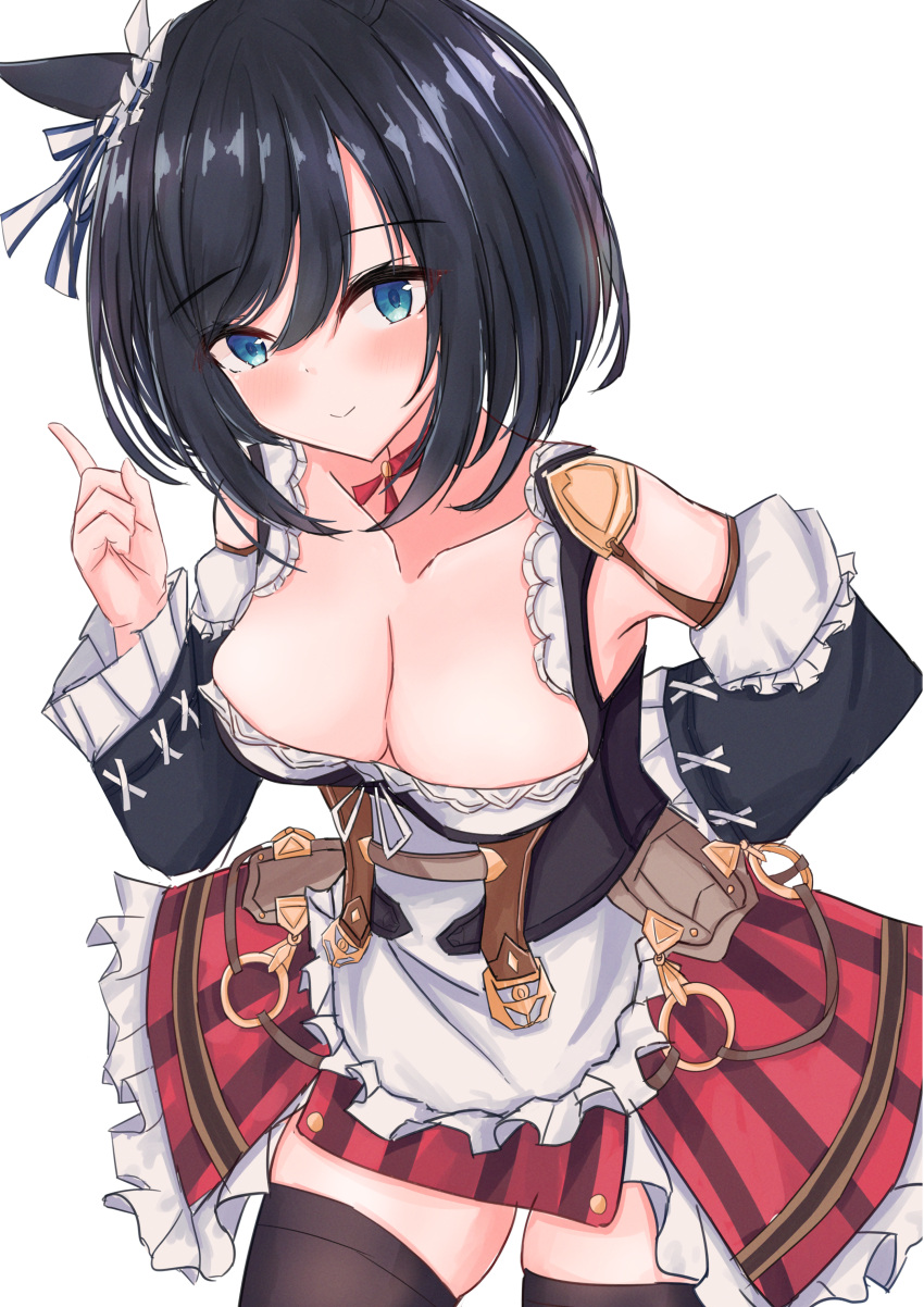 1girl absurdres animal_ears bare_shoulders black_hair black_thighhighs blue_eyes breasts cdsola chestnut_mouth cleavage clothes_lift commentary_request cowboy_shot detached_sleeves dirndl dress ear_ornament eishin_flash_(umamusume) frilled_dress frills german_clothes hair_between_eyes hand_on_own_hip hands_on_own_hips highres horse_ears horse_girl horse_tail large_breasts long_sleeves looking_at_viewer open_mouth short_hair simple_background solo tail thighhighs umamusume white_background