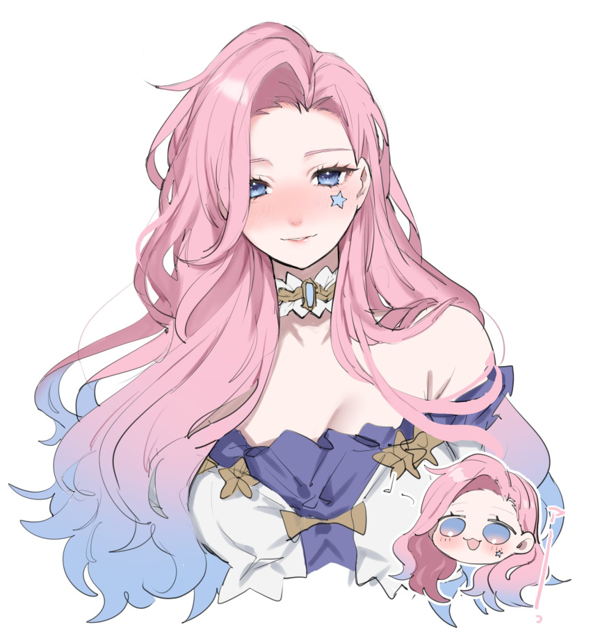 1girl :d bare_shoulders blush breasts collarbone highres juliet_sleeves large_breasts league_of_legends long_hair long_sleeves looking_at_viewer multicolored_hair multiple_views parted_lips pink_hair puffy_sleeves purple_eyes seraphine_(league_of_legends) shibori_kasu_(uuu_u22) simple_background smile teeth two-tone_hair white_background