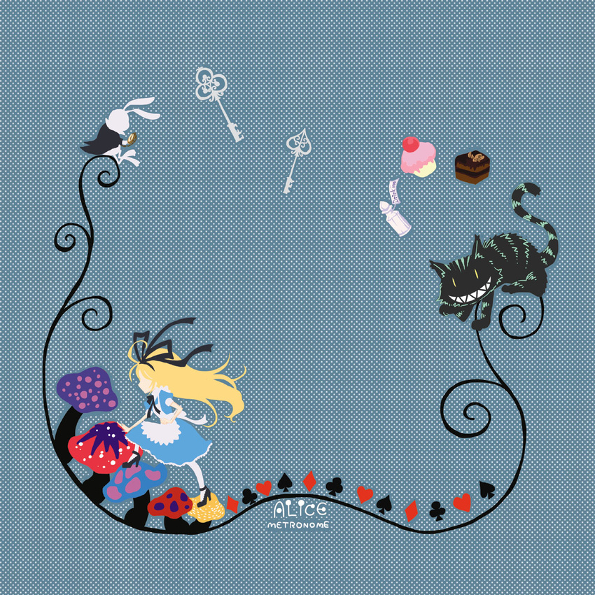 alice_(wonderland) alice_in_wonderland analog_clock blonde_hair bunny cat character_name cheshire_cat clock club_(shape) cupcake diamond_(shape) drink_me faceless food grin heart high_heels highres key long_hair mushroom pocket_watch sakurai_haruto sharp_teeth smile spade_(shape) teeth watch white_rabbit