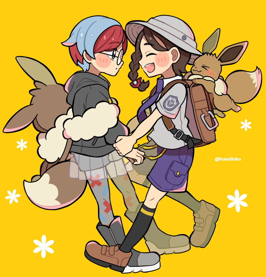 &gt;_&lt; 2girls :3 absurdres backpack bag black_eyes black_socks blue_hair blue_necktie blue_shorts blush boots brown_bag brown_footwear brown_fur brown_hair closed_eyes commentary_request eevee glasses grey_footwear grey_pantyhose grey_sweater hat highres juliana_(pokemon) kokashiho medium_hair multicolored_hair multiple_girls necktie open_mouth pantyhose penny_(pokemon) pleated_skirt pokemon pokemon_(creature) pokemon_sv red_hair round_eyewear school_uniform see-through see-through_skirt shoes shorts skirt smile socks sweater tail teeth two-tone_hair upper_teeth_only uva_academy_school_uniform white_headwear yellow_background