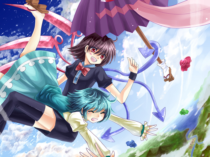 asymmetrical_wings bad_id bad_pixiv_id black_hair black_legwear blue_hair closed_eyes cloud day dress geta highres houjuu_nue karakasa_obake miyakure multiple_girls purple_umbrella red_eyes short_hair sky tatara_kogasa tears tengu-geta thighhighs tongue touhou ufo umbrella wings