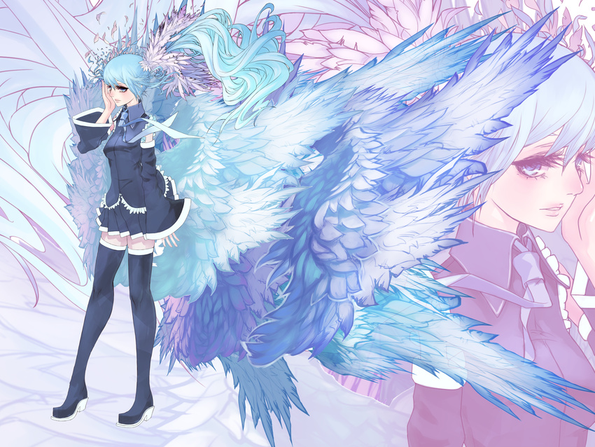 detached_sleeves hatsune_miku head_wings highres kansou_samehada long_hair multiple_wings seraph solo thighhighs vocaloid wings zoom_layer