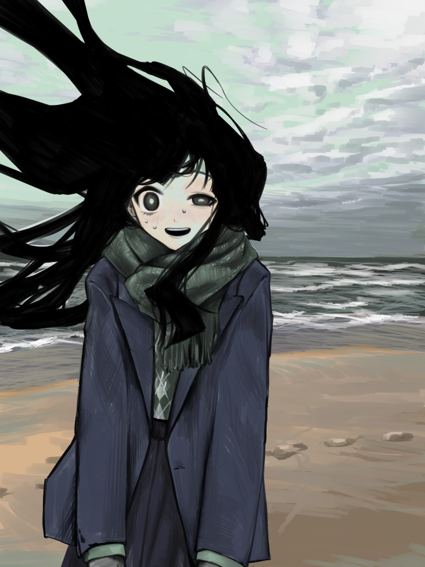 1girl argyle argyle_sweater beach black_hair bright_pupils cloud cloudy_sky day floating_hair green_scarf green_sweater grey_eyes grey_jacket grey_skirt half-closed_eye high-waist_skirt highres jacket kei_(63277k) long_hair long_sleeves looking_at_viewer ocean open_clothes open_jacket open_mouth original outdoors scarf skirt sky smile solo standing straight-on sweat sweater upper_body water waves white_pupils wind